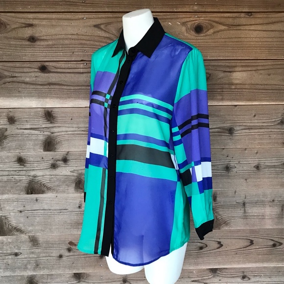 SOLO Moda Sheer Color Block Long Sleeve Button Down Blouse Size 6 - Picture 2 of 13